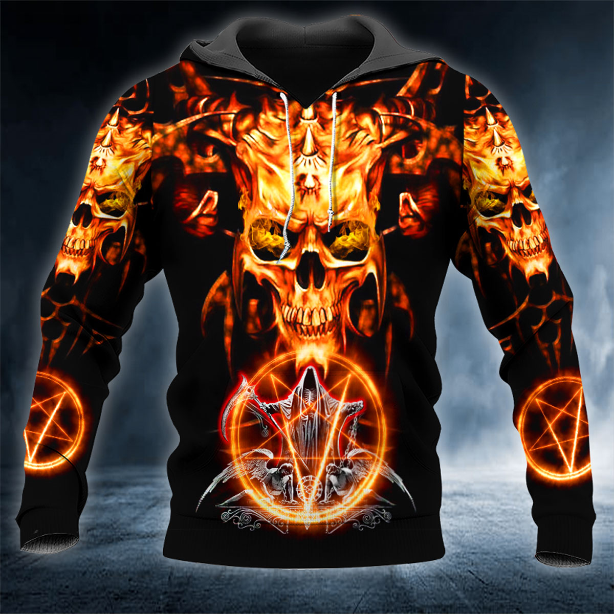 Satanic Symbol Reaper Fire Skull 3D All Over Printed Unisex Hoodie US Size