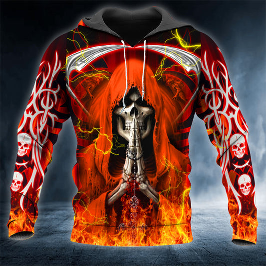 Orange Scythe Of Death Prayer Fire Skull 3D All Over Printed Unisex Hoodie US Size