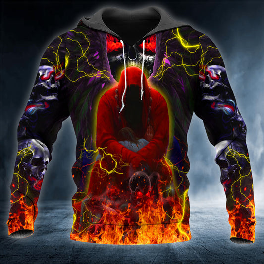 Hell Fire Reaper Skull 3D All Over Printed Unisex Hoodie US Size