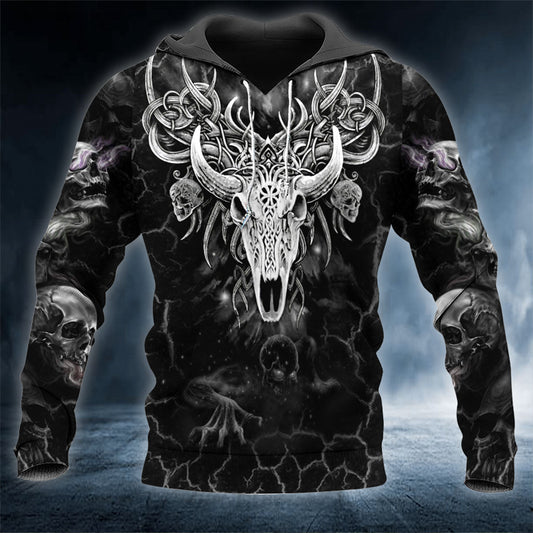 Long Horn Skull 3D All Over Printed Unisex Hoodie US Size