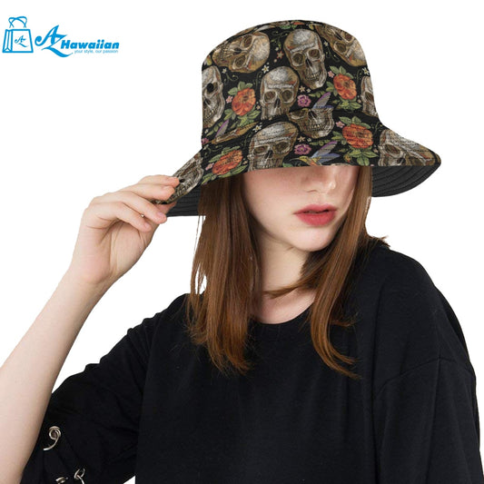 Skull rose humming bird flower pattern Unisex Bucket Hat