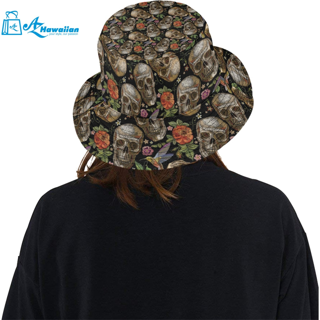 Skull rose humming bird flower pattern Unisex Bucket Hat