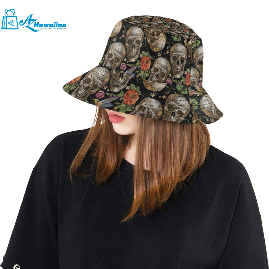 Skull rose humming bird flower pattern Unisex Bucket Hat