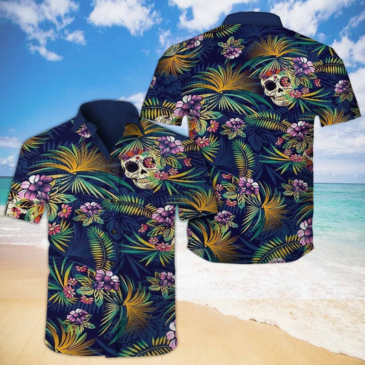 Skull Tropical Hawaiian IV Graphic Print Short Sleeve 