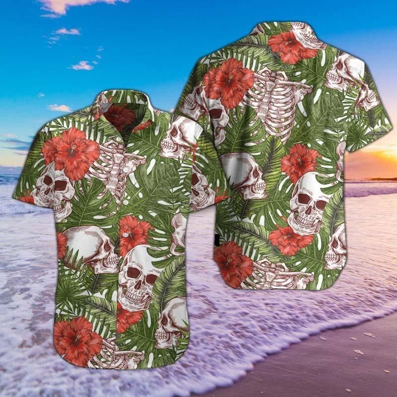 Skull Tropical Pattern Hawaiian Graphic Print Short Sleeve 