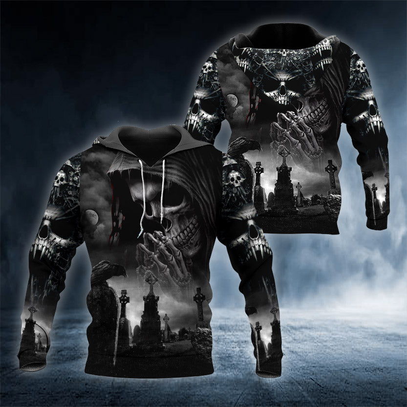 Praying Grim Reaper In Graveyard Skull 3D All Over Printed Unisex Hoodie US Size