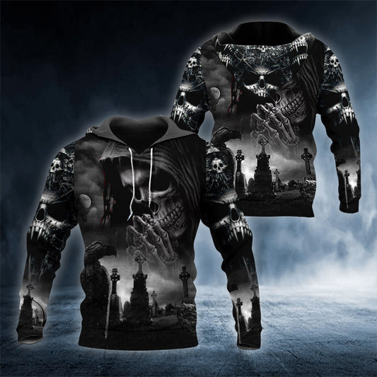 Praying Grim Reaper In Graveyard Skull 3D All Over Printed Unisex Hoodie US Size