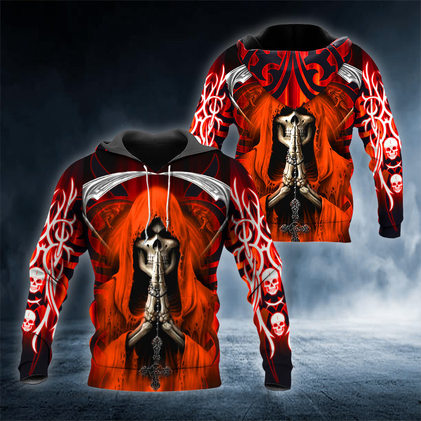 Praying Grim Reaper Red Skull 3D All Over Printed Unisex Hoodie US Size