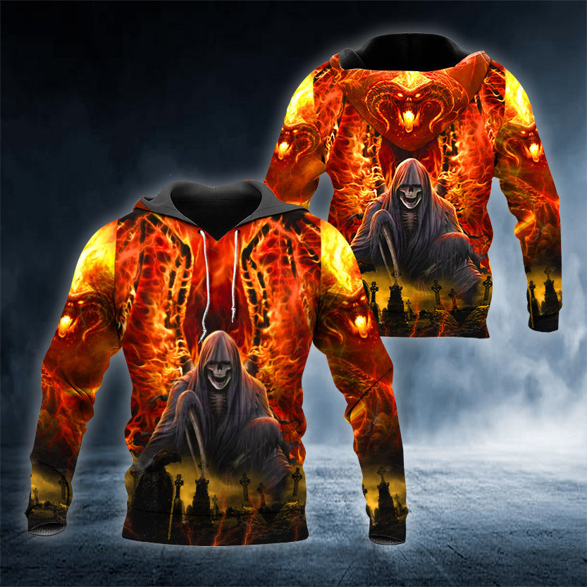 Flaming Death Skull 3D All Over Printed Unisex Hoodie US Size