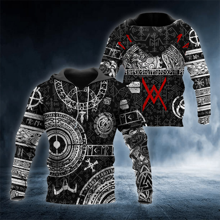 Black White Norse Runes Viking Tattoo 3D All Over Printed Unisex Hoodie US Size