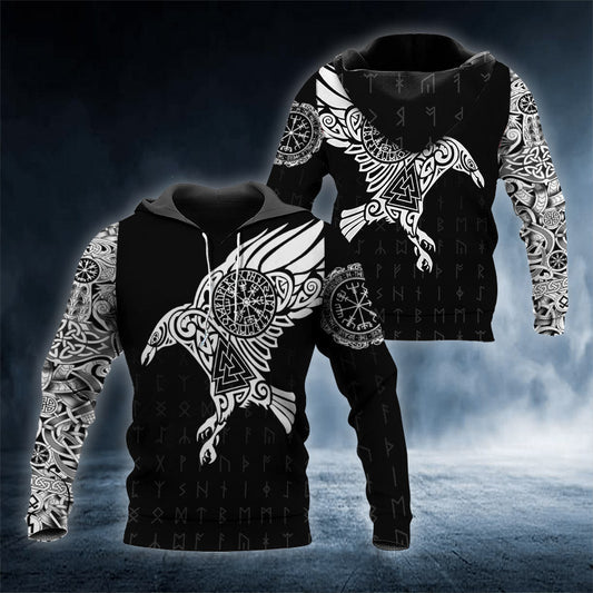 Black White Viking Raven Tattoo 3D All Over Printed Unisex Hoodie US Size