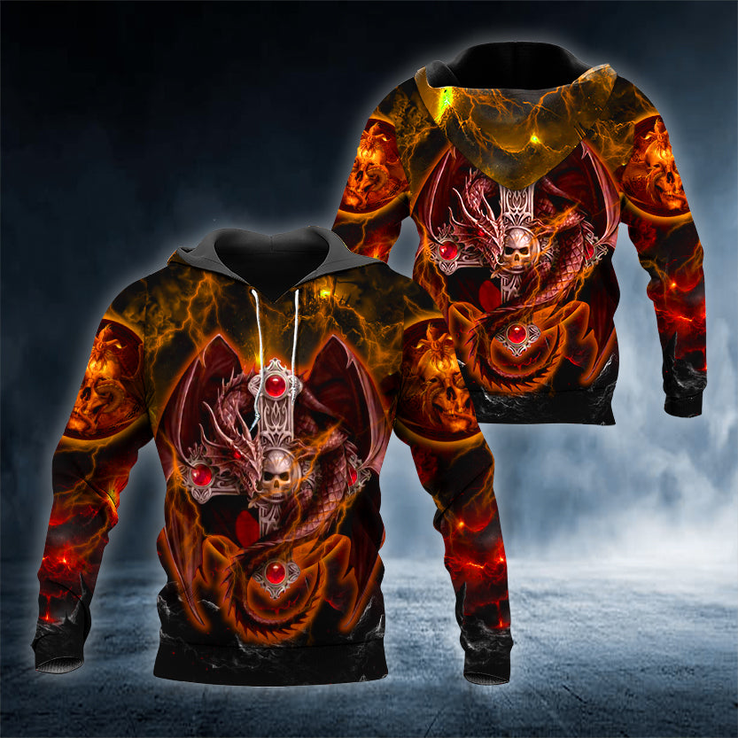 Winged Dragon On The Cross Skull 3D All Over Printed Unisex Hoodie US Size