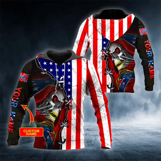 American Flag Patriotic Skull Personalized 3D All Over Printed Unisex Hoodie US Size