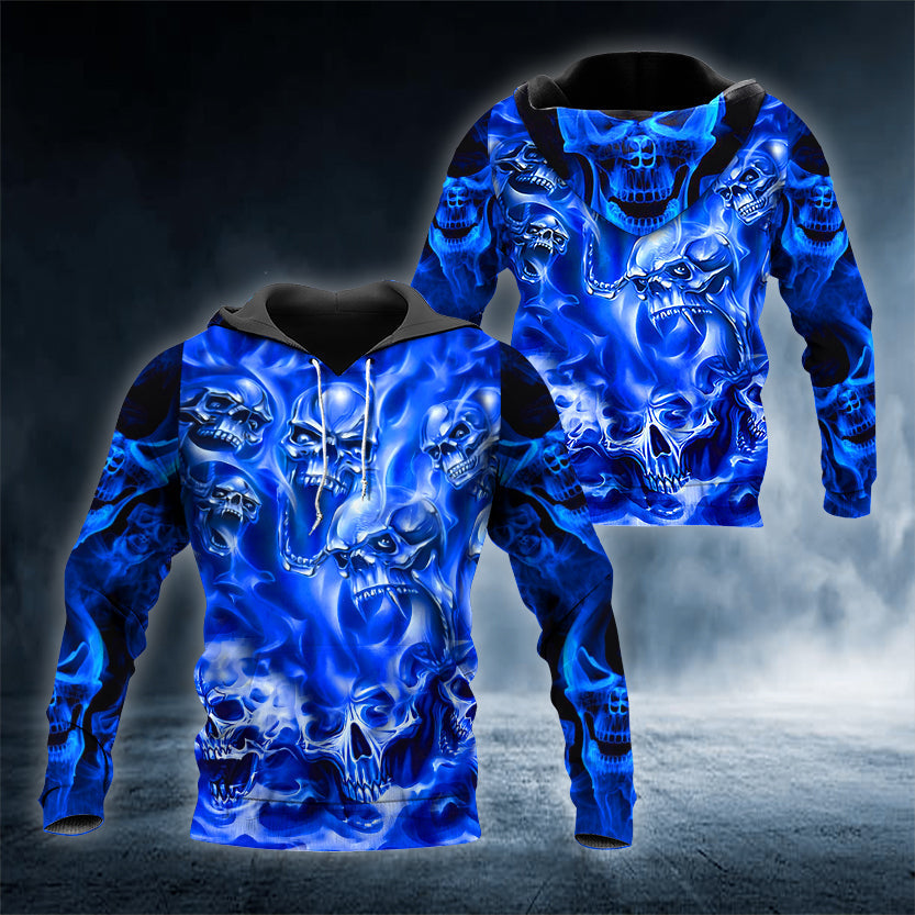 Blue Flame Pile Skull 3D All Over Printed Unisex Hoodie US Size