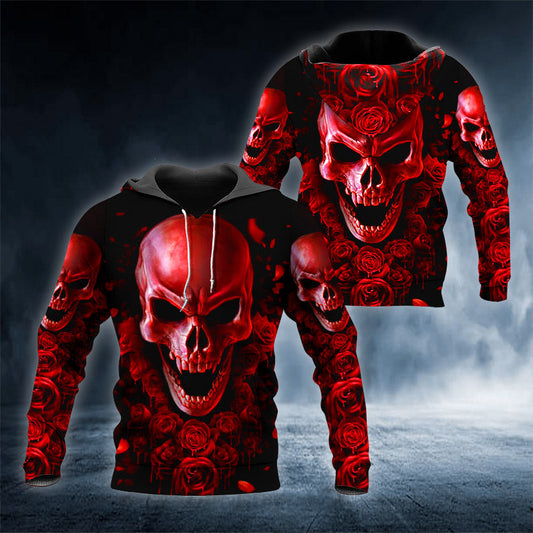 Gothic Rose Blood Angry Skull 3D All Over Printed Unisex Hoodie US Size