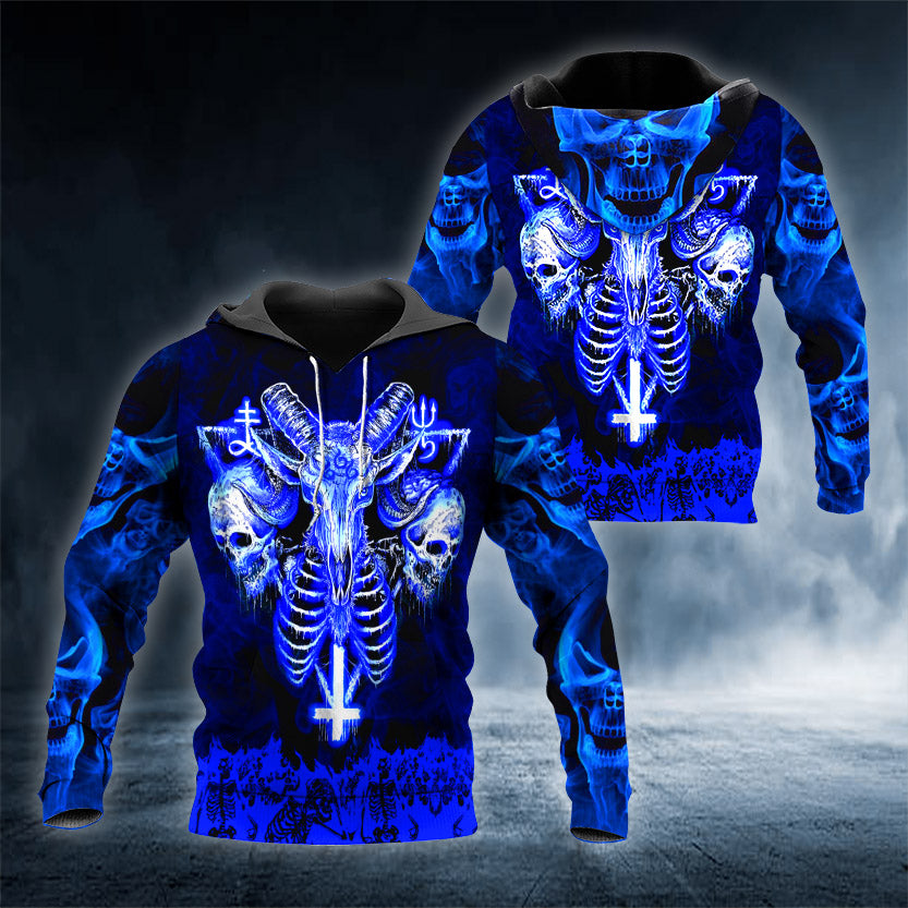 Blue Baphomet Evil Skull 3D All Over Printed Unisex Hoodie US Size