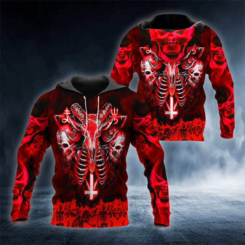 Red Baphomet Evil Skull 3D All Over Printed Unisex Hoodie US Size