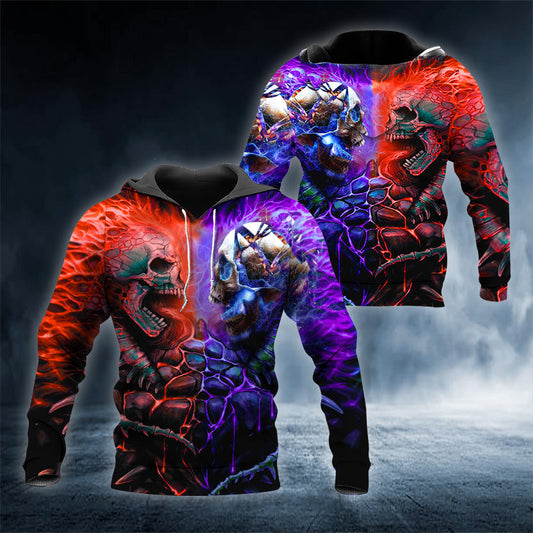 Red Purple War Skull 3D All Over Printed Unisex Hoodie US Size