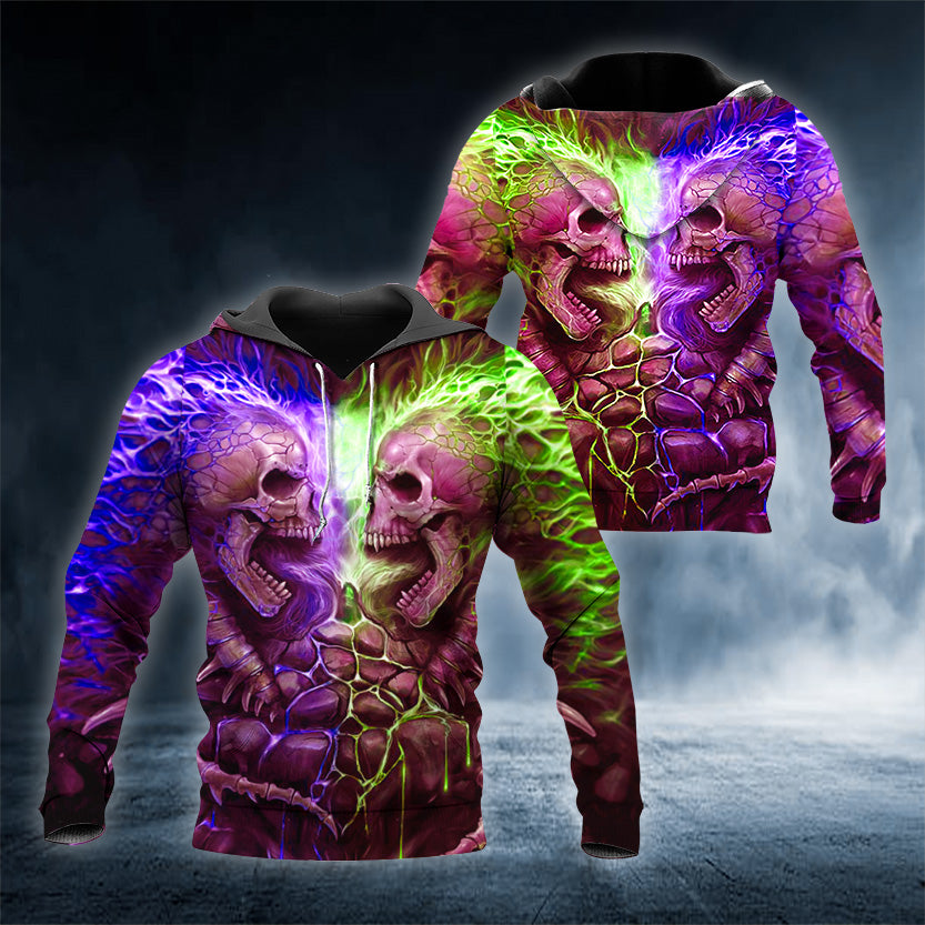 Violet And Green War Skull 3D All Over Printed Unisex Hoodie US Size