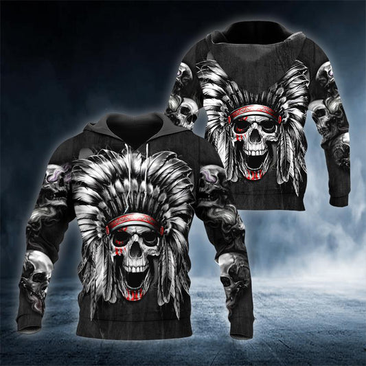 Leader Native Skull 3D All Over Printed US Unisex Size Hoodies