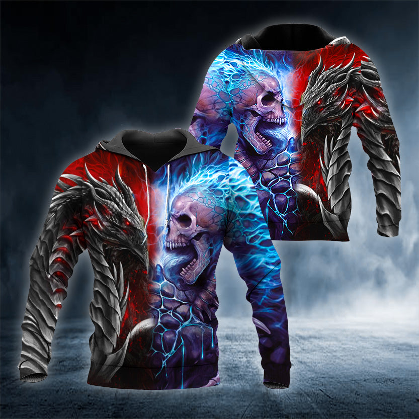 Fantasy Fire Dragon vs Blue Flame Skull 3D All Over Printed Unisex Hoodie US Size