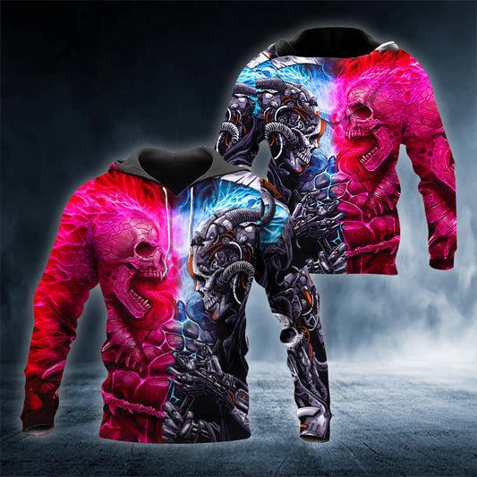 Red Blue War Cyborg Skull 3D All Over Printed Unisex Hoodie US Size