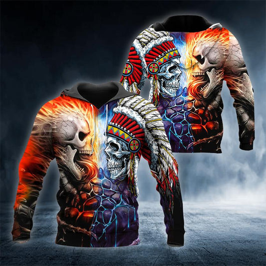 War Native Skull 3D All Over Printed US Unisex Size Hoodies