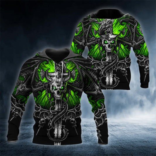 Green Eyes Ox Horn Skull 3D All Over Printed Unisex Hoodie US Size