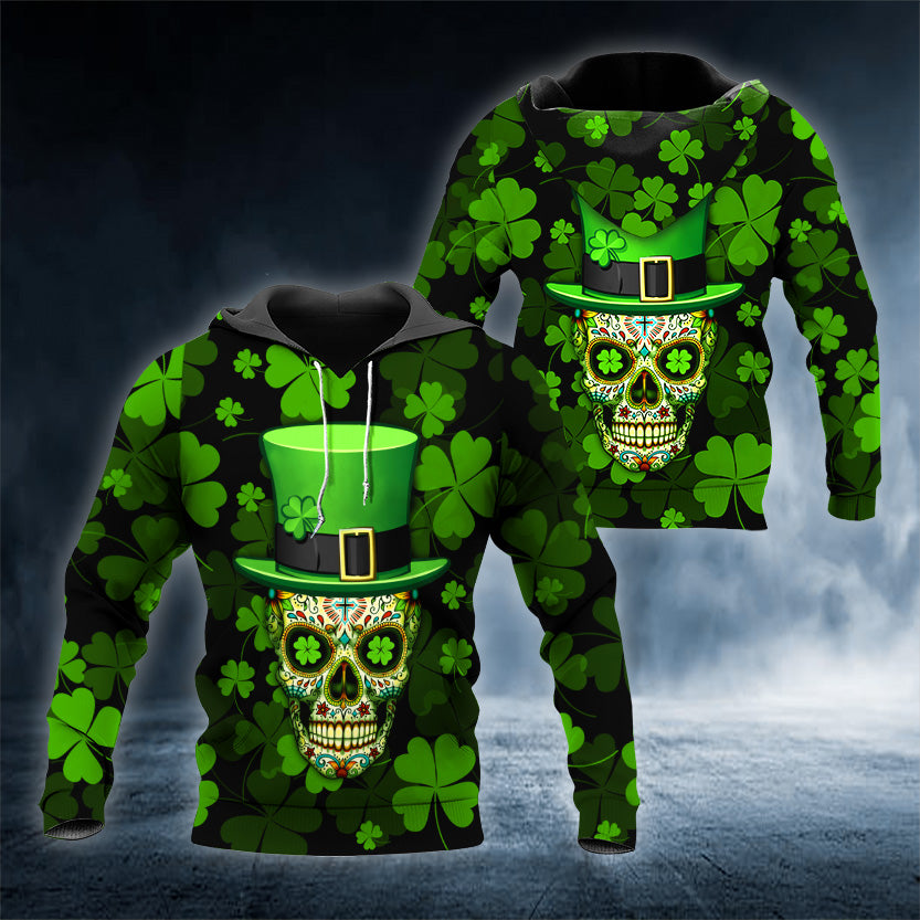 Funny 4-Leaf Clover Patrick's Day Sugar Skull 3D All Over Printed Unisex Hoodie US Size