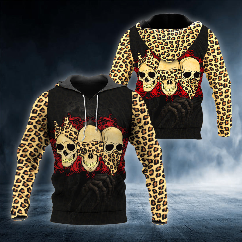 Leopard Print Three Mom Skulls 3D All Over Printed Unisex Hoodie US Size