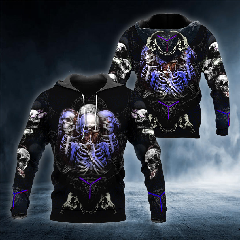 Skeleton Hear Speak See No Evil Punk Skull 3D All Over Printed Unisex Hoodie US Size