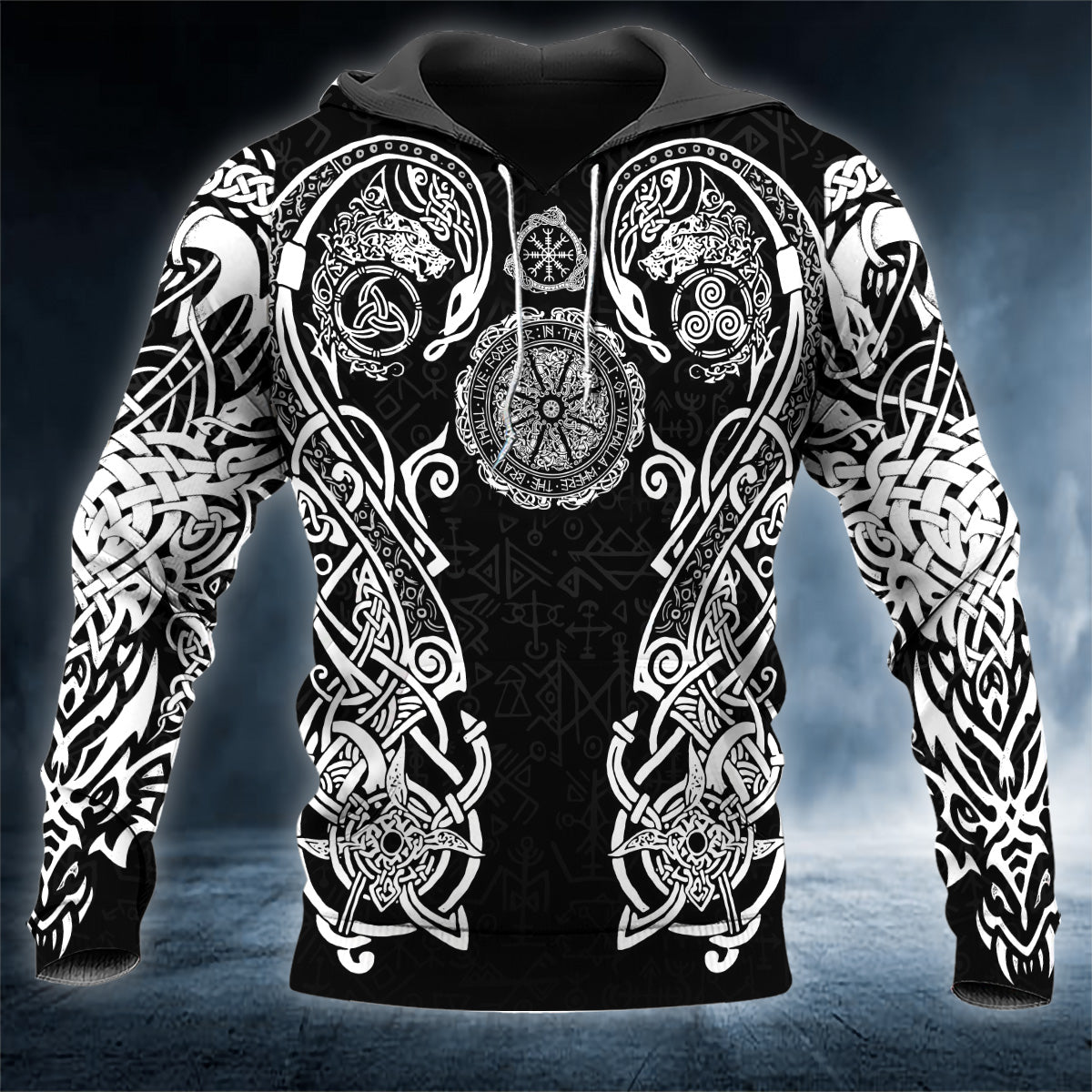 Black And White Halls Of Valhalla Viking Tattoo 3D All Over Printed Unisex Hoodie US Size