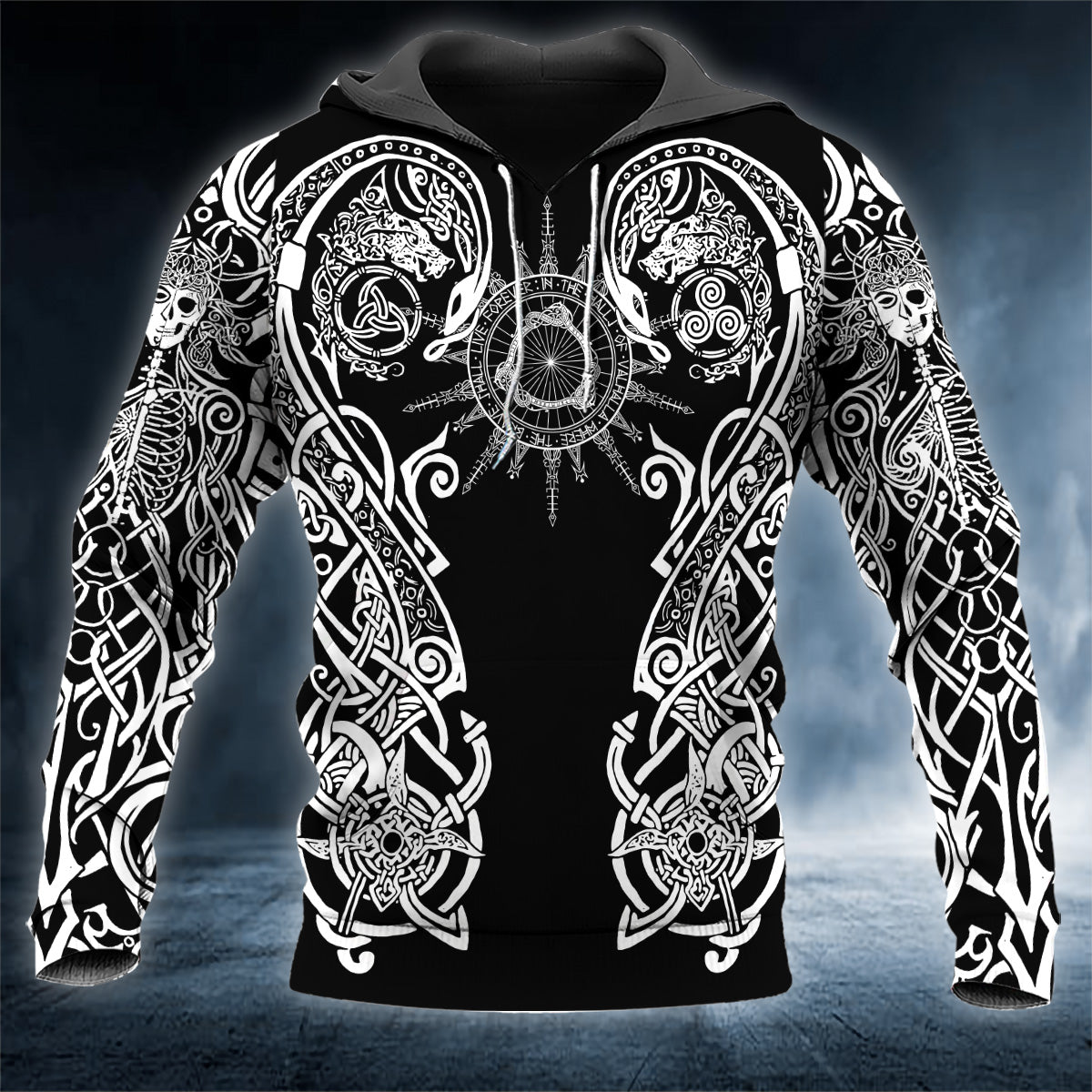 Black And White Norse Mythology Viking Tattoo 3D All Over Printed Unisex Hoodie US Size