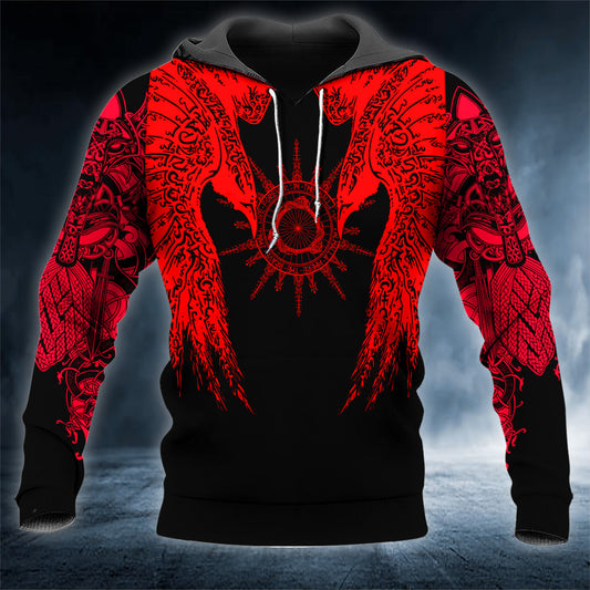 Red Huginn And Muninn Viking Tattoo 3D All Over Printed Unisex Hoodie US Size