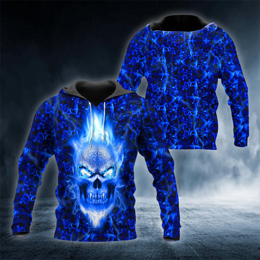 Dark Blue Flame Skull 3D All Over Printed Unisex Hoodie US Size