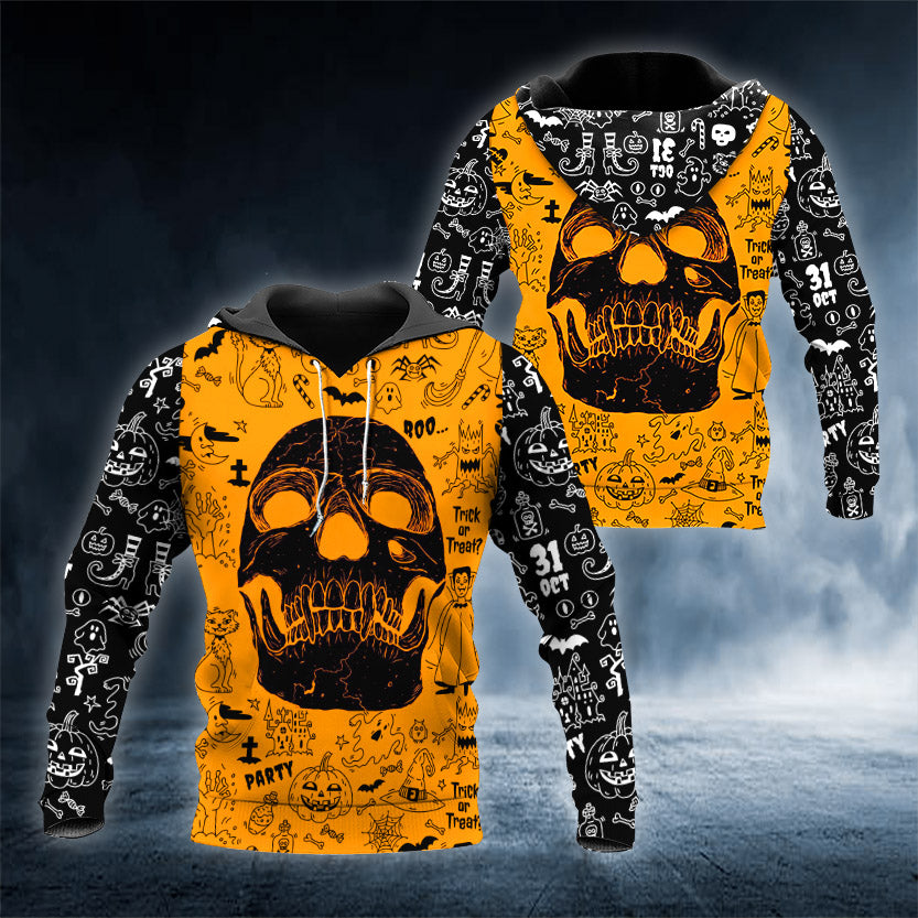 Funny Halloween Doodles Skull 3D All Over Printed Unisex Hoodie US Size