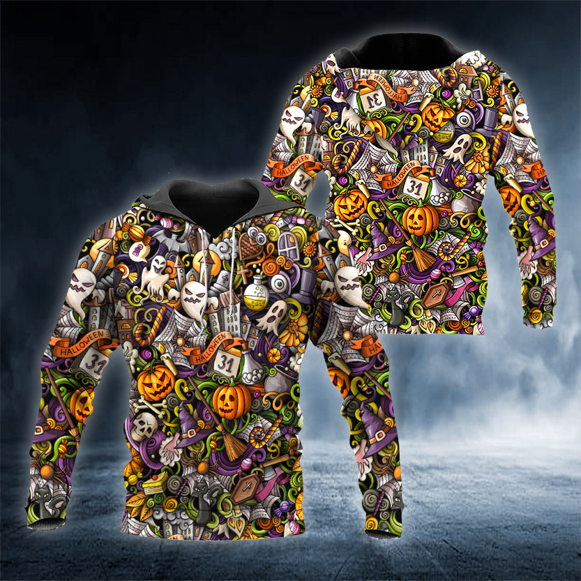 Spooky Halloween Doodles Skull 3D All Over Printed Unisex Hoodie US Size