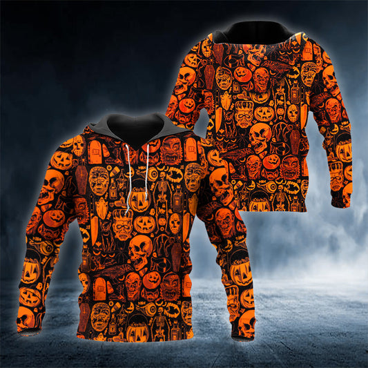 Halloween Doodles Pumpkin Skull 3D All Over Printed Unisex Hoodie US Size