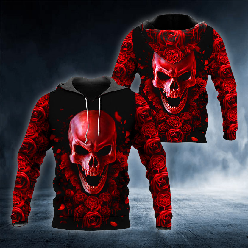 Red Roses Angry Skull 3D All Over Printed Unisex Hoodie US Size