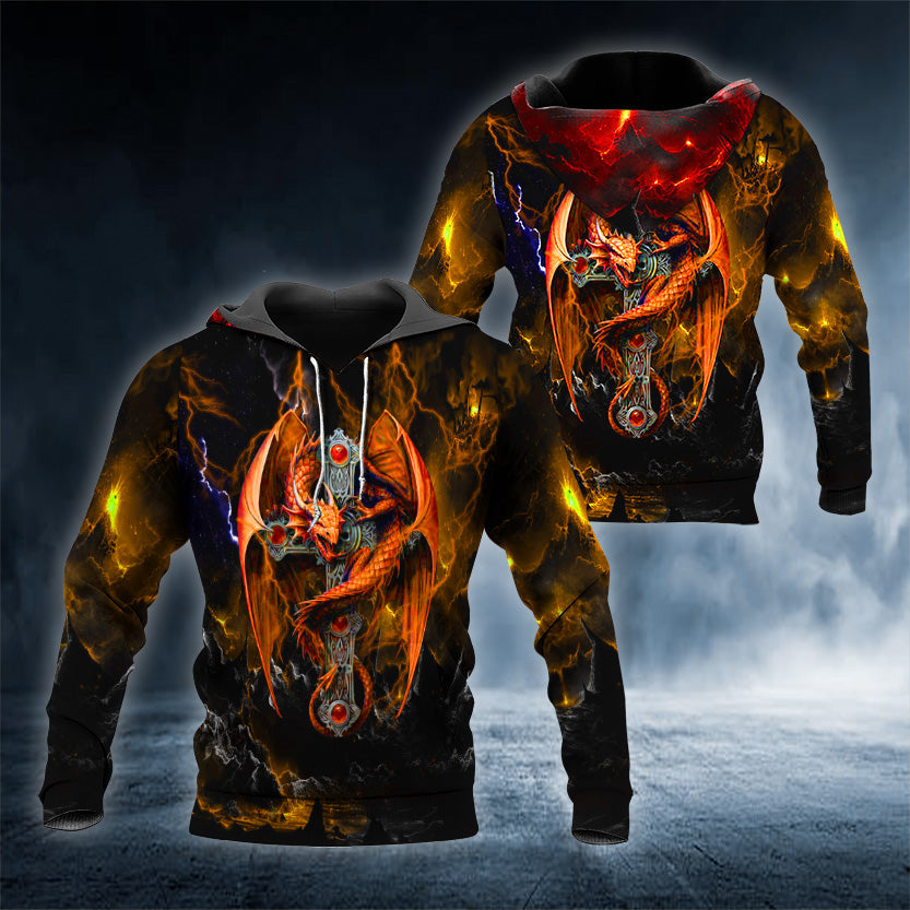 Winged Dragon On A Cross Island Skull 3D All Over Printed Unisex Hoodie US Size