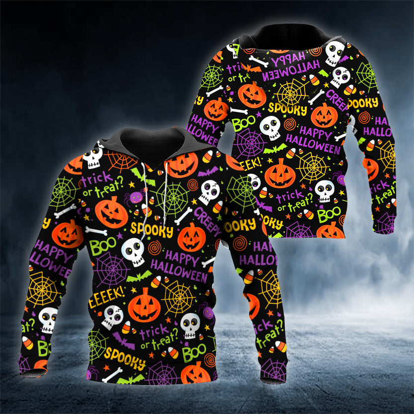 Pattern Pumpkin Happy Halloween Skull 3D All Over Printed Unisex Hoodie US Size