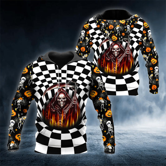 Checkered Pattern Reaper Skull 3D All Over Printed Unisex Hoodie US Size