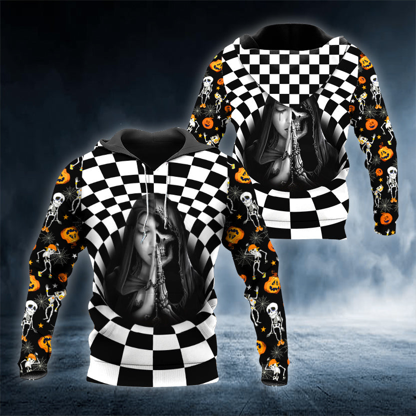 Checkered Pattern Prayer Reaper Skull 3D All Over Printed Unisex Hoodie US Size