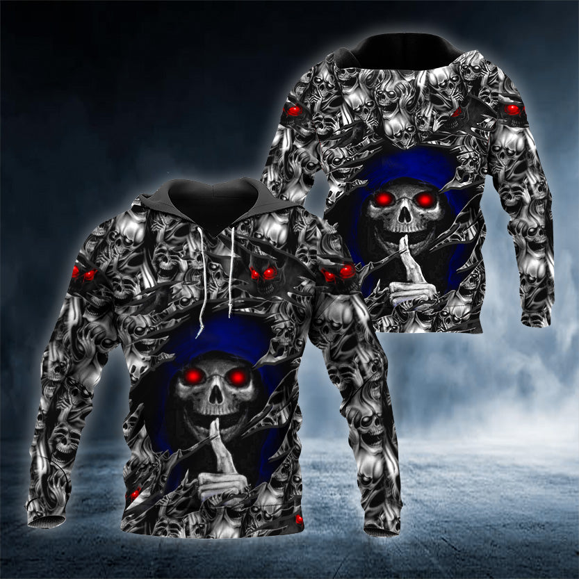 Gray Blue Shh Skull 3D All Over Printed Unisex Hoodie US Size