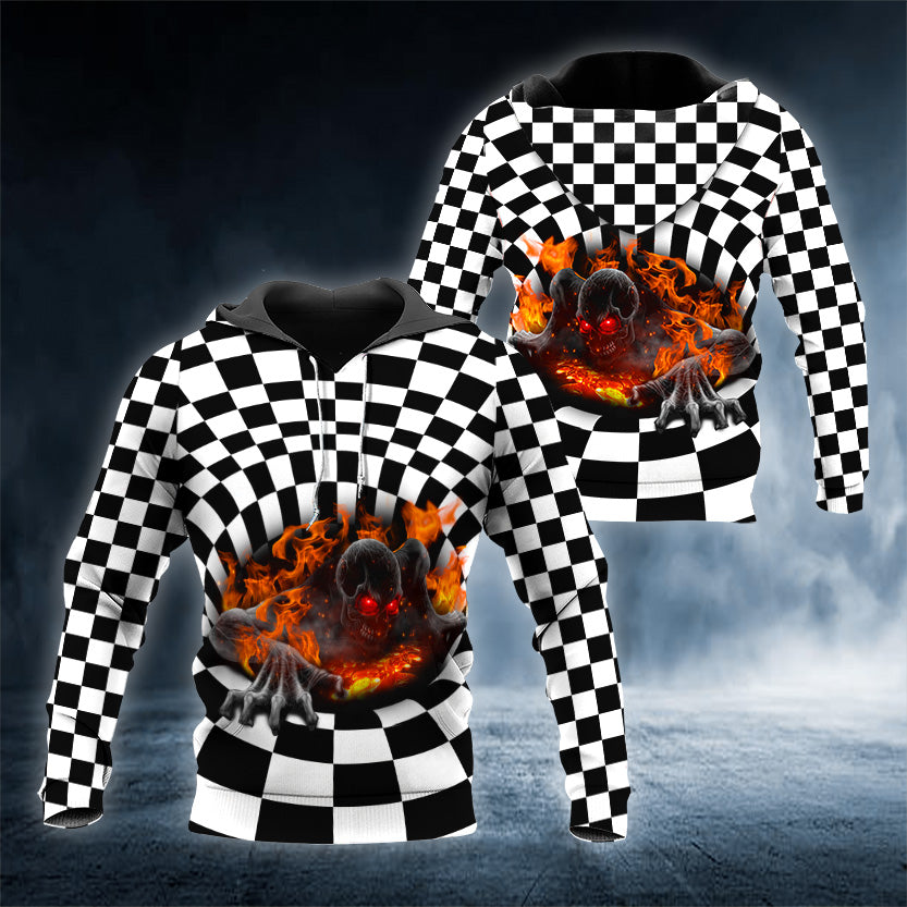 Checkered Pattern Flame Skeleton Skull 3D All Over Printed Unisex Hoodie US Size