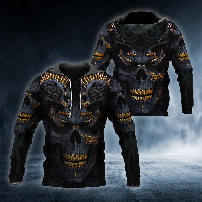 Black Gold Demon Skull 3D All Over Printed Unisex Hoodie US Size