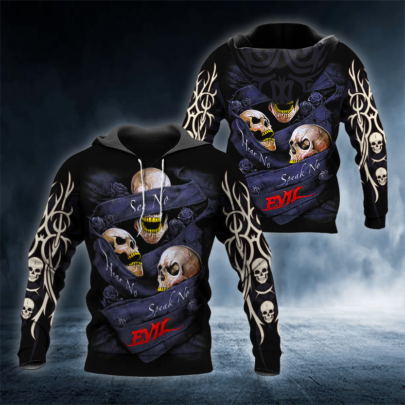 No See No Hear No Speak Devil Skull 3D All Over Printed Unisex Hoodie US Size