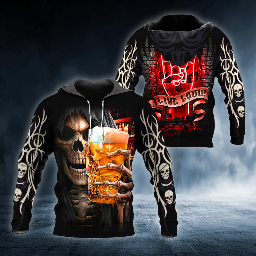 Skeleton Drinking Beer Skull 3D All Over Printed Unisex Hoodie US Size