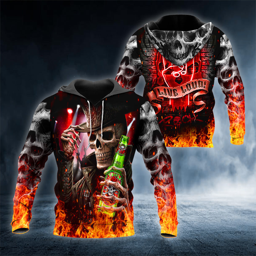 Punk Rock Heavy Metal Drinker Cowboy Fire Skull 3D All Over Printed Unisex Hoodie US Size