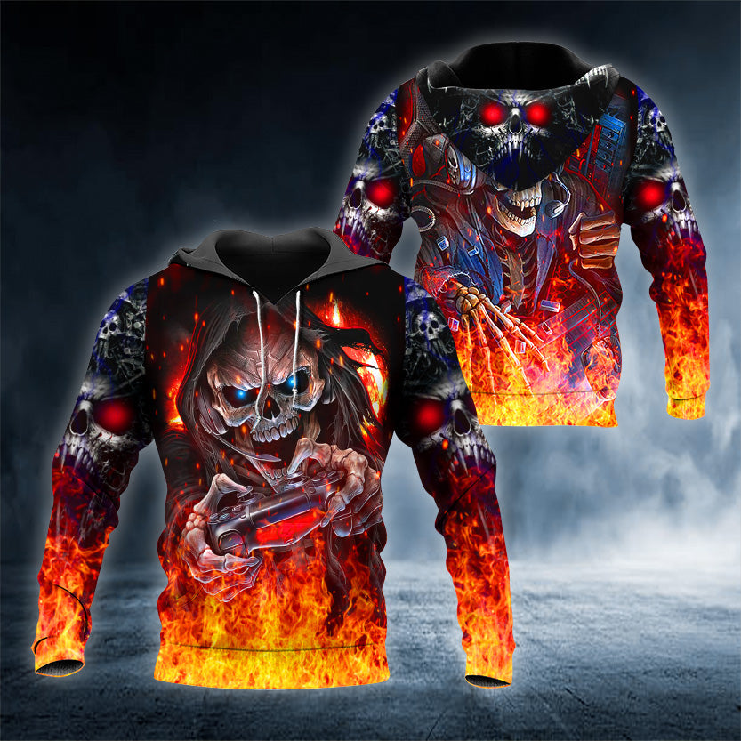 Playing Game Fire Skull 3D All Over Printed Unisex Hoodie US Size